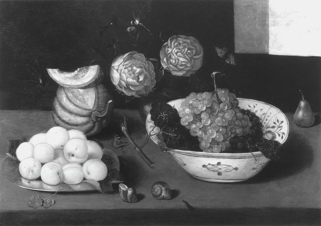 Christie's — Binoit Peter - sec. XVII - Natura morta con piatto di albicocche, terrina d'uva, melone e rose — insieme